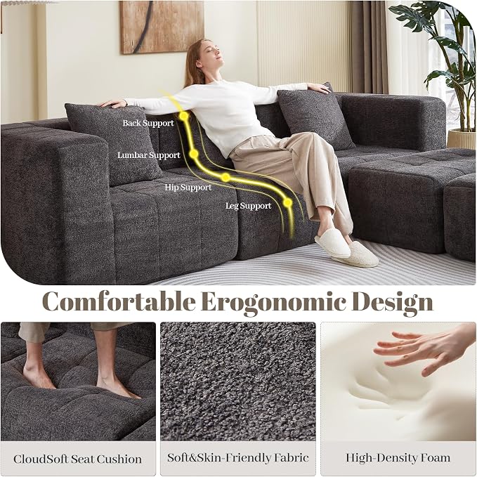 Modular Sectional Sofa with Deep Seat, 98'' Seater Boneless Cloud Couch No Assembly Required, Modern Plush Corduroy Cloud Couches for Living Room & Apartment (3 Seat w/ 2 Ottoman), Grey