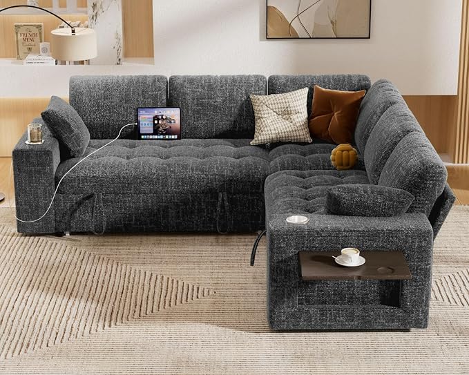 Vipbear 86" Modular Sectional Sleeper Sofa with Pull Out Bed, 5 Seat Chenille L Shaped Couch with USB Ports|Cup Holders|Side Table|Storage Loveseat, Tool Free Assembly, Grey