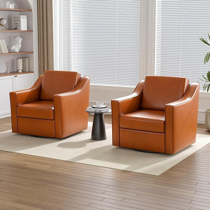 Swivel Accent Chairs Set of 2, 360° Swivel Upholstered Faux Leather Club Armchairs for Living Room, Comfy Single Sofa Reading Chair with Deep Seat, Metal Swivel Base, Light Brown