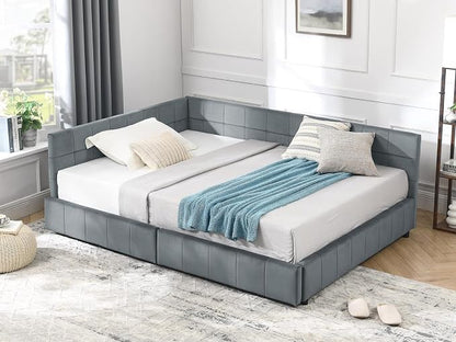 KEIKI Full Size L Shape Corner Bed Frames with 2 Storage Drawer, Backrest and Armrests, Velvet Upholstered Sofa Daybed for Small Room, Living Room, Bedroom, Guest Room, Kids' Room
