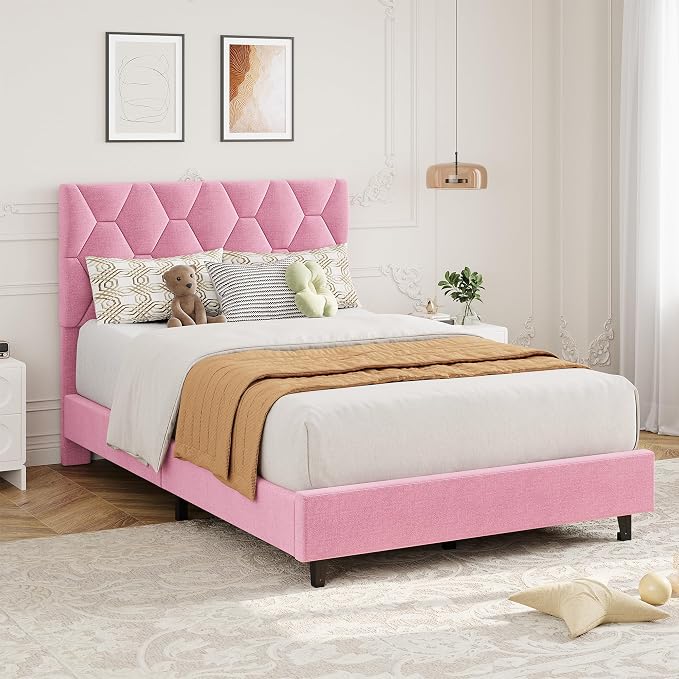 GarveeHome Pink Twin XL Bed Frame with Upholstered Headboard, Heavy-Duty Platform Bed Frame with Adjustable Headboard, Strong Wood Slat Support/No Box Spring Needed/Noise Free
