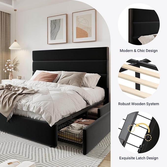 Allewie Modern Queen Size Platform Bed Frame with 4 Storage Drawers and Velvet Upholstered Headboard, Wooden Slats Support, Upholstered Mattress Foundation/No Box Spring Needed/Easy Assembly, Black