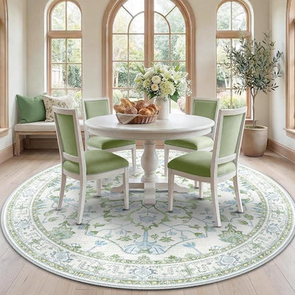 RELEANY Area Rugs Round 7ft Washable Non-Slip, Floral Vintage Distress Medallion Carpet for Living Room Bedroom Dining Room, Green White Blue