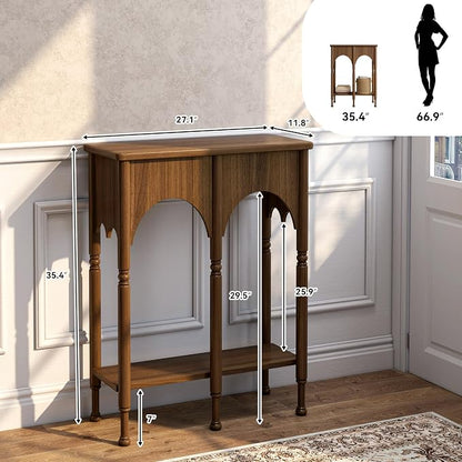 Console Table with Storage Shelf Set of 2, Retro Modern 2-Tier Entryway Table, Narrow Sofa Table with Roman-Style Legs for Living Room, Hallway, Brown