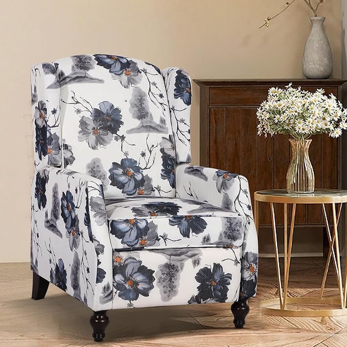 Upholstered Wingback Recliner Chair, Mid Century Modern Manual Push Back Recliner for Living Room, Bedroom (1, Blue Floral)