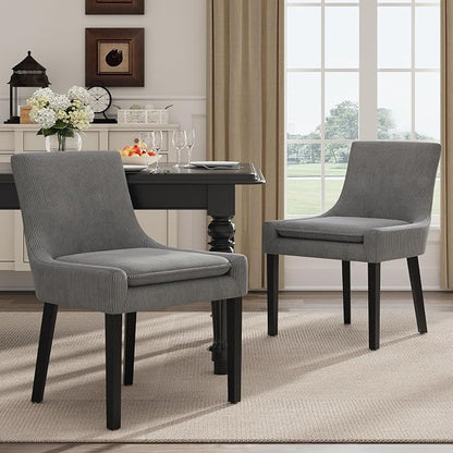 Modern Dining Room Chairs Set of 2 with Mid Back and Wood Legs, Upholstered Kitchen Chairs for Dining Room/Living Room, Dark Grey