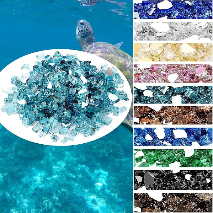 Onlyfire 10 lbs Fire Glass Rocks 1/4 Inch, Reflective Tempered Glass for Propane Fire Pit & Gas Fireplace, High Luster Firepit Glass Stones for Fire Table, Aqua Blue (Multicolor Options Available)