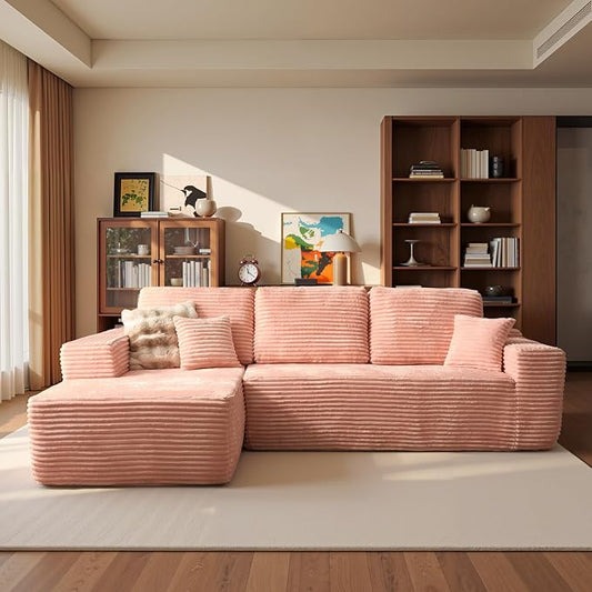 ovios 104" Cloud Boneless Couch with L-Shape Chaise,Modern Sectional Modular Sofa with Deep Seat, Upholstered Couches for Living Room Bedroom,No Assembly Required, Pink (Plush Corduroy Fabric)