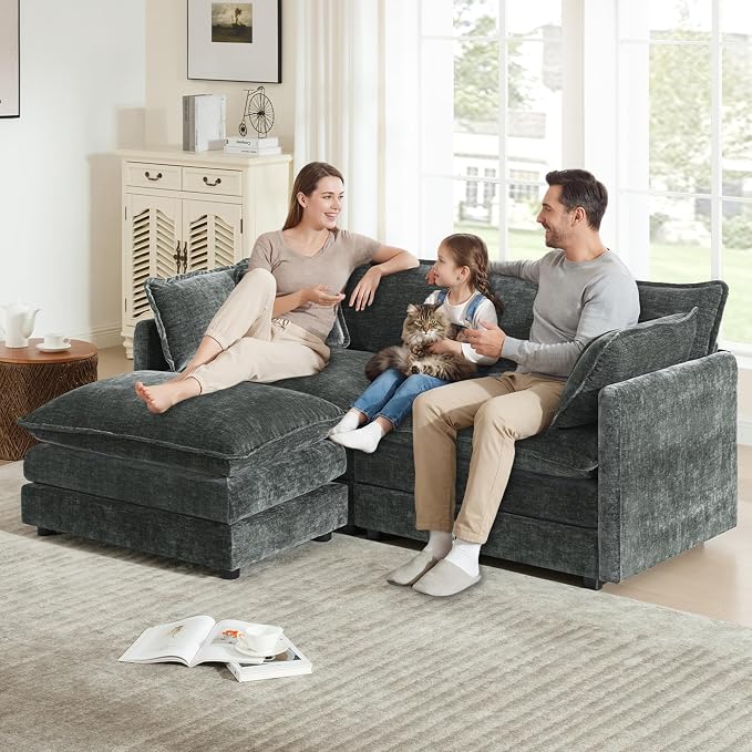 Modular Sectional Sofa with Ottoman: 76.7" Modern L Shaped Sectionals Cloud Couch, Comfy Couch Loveseat, 3 Seat Chenille Deep Seat Sofa with Pillow for Living Room,Bedroom Apartment,Small Spaces-Grey