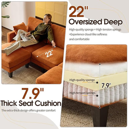VINGLI 100" W U Shaped Couch with Ottoman, 22" Deep Seat Comfortable Sectional Couches for Living Room, 3 Seater Chenille Fabric Cloud Sofa for Apartment, Small Spaces, Bedroom, Orange