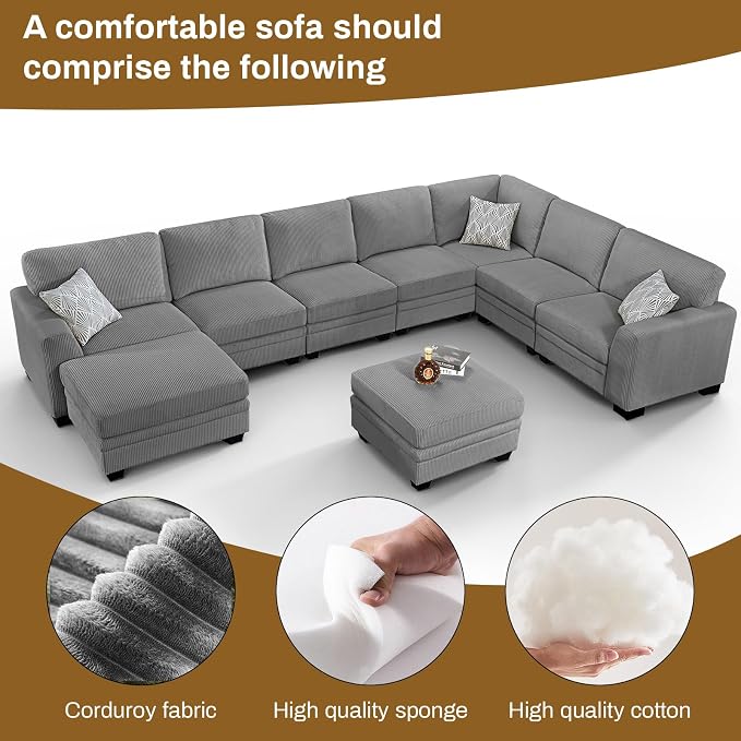 Legend Vansen Oversized Modular Sectional Sofa,9 Seat U Shaped Couch with Ottoman,Corduroy Sofa with Deep Seat,Convertible Large Sectional Couches for Living Room (Grey, U-9)