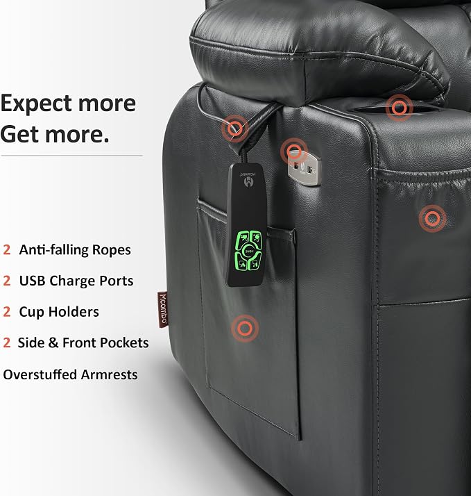MCombo Dual Motor Power Lift Recliner Chair for Elderly, Lay Flat Lift Chair with Heat and Massage, Cup Holders, USB Ports, Faux Leather 7890 (Black, Medium)