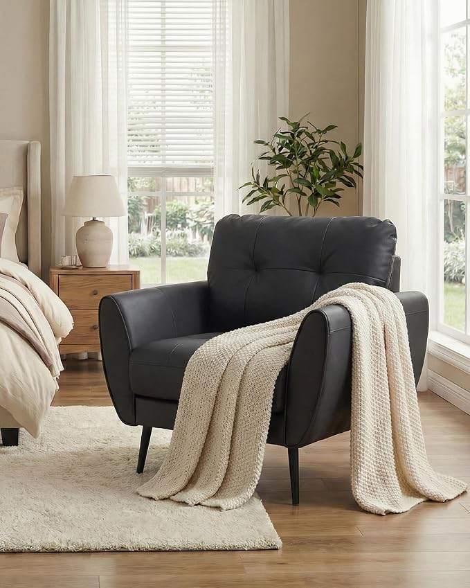 TYBOATLE Accent Chair Comfy Modern Living Room Chair Black Leather Reading Accent Chairs Tufted Mid Century Moden Arm Chair Small Salon Chair for Office Bedroom (1, Black)
