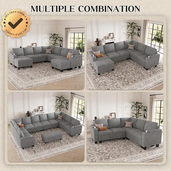 Belffin Oversized U Shaped Modular Sectional Couches for Living Room 10 Seater Modular Sofa Set with Storage Ottoman Large Sectional Couch with Cup Holder. Light Grey Sofa