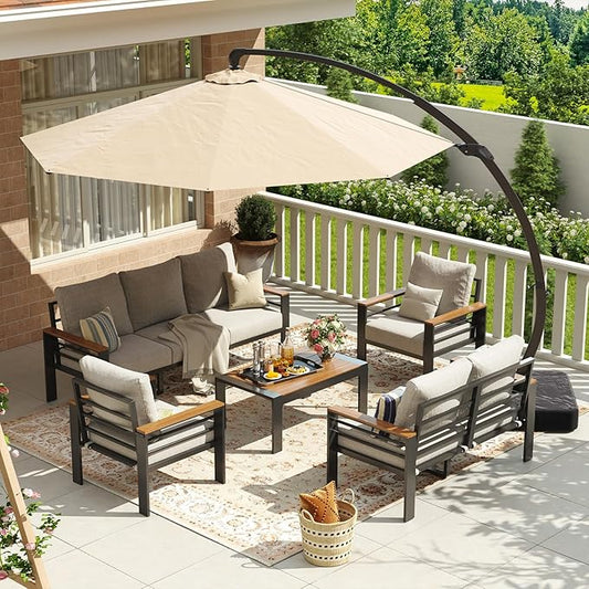 Aoxun Aluminum Patio Furniture Set with Umbrella 7 Seats, Oversized Outdoor Sectional with Washable Thick Cushions, Coffee Table, Patio Conversation Sets for Porch, Balcony, Deck