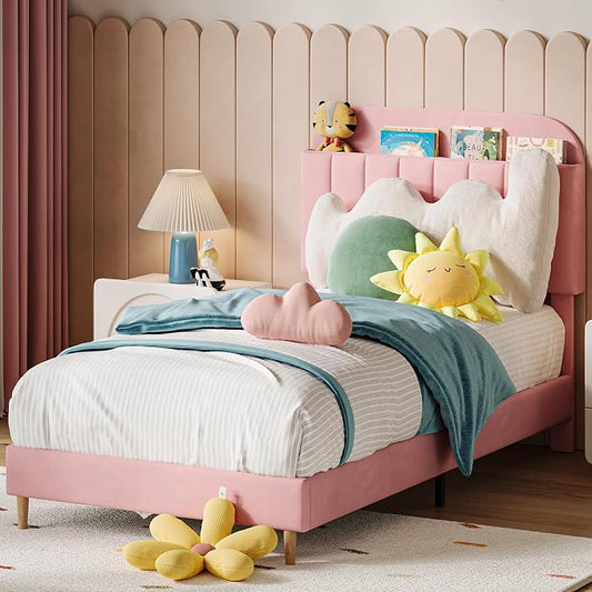 IDEALHOUSE Twin XL Bed Frames, Upholstered Platform Bed Frame with Bookcase Headboard, Velvet Platform Bed Mattress Foundation, Heavy Duty Steel Support Legs, Easy Assembly, Noise Free, Light Pink