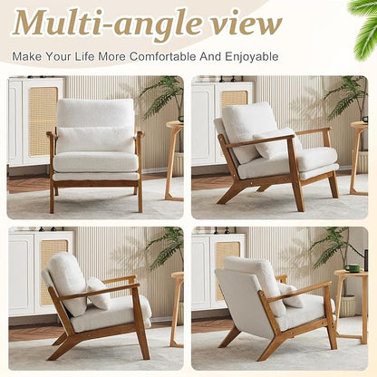 VINGLI Solid Wood Wide Armrests Accent Chair,Upholstered Mid Century Modern Chair with Pillow,Comfy Reading Chair Farmhouse Arm Chair,Chairs Living Room,Bedroom,Guest Room,Teddy Fleece,White