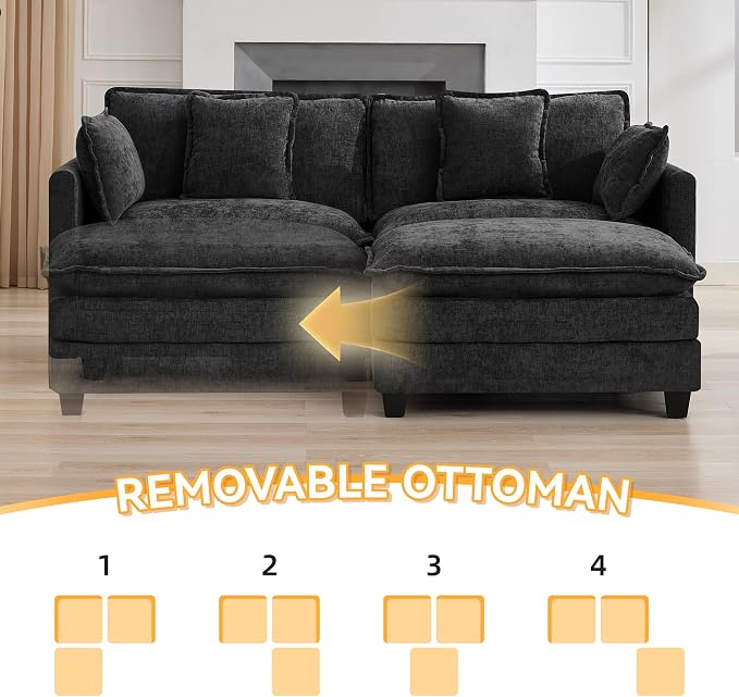 76'' Cloud Deep Seat Loveseat Sofa, Upholstered Chenille Modular 2-Seats Sectional Sofa Couch with Movable Ottoman, Modern Comfy Settee Loveseat for Living Room Set, Small Apartment, Dark Grey