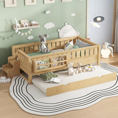 Bellemave Twin Kids Montessori Bed with Stairs, Bookshelf and Trundle, Solid Wood Kids Bed Frame with Storage for Boys Girls, Low Profile,Light Natural
