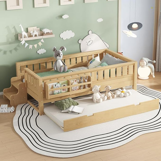 Bellemave Twin Kids Montessori Bed with Stairs, Bookshelf and Trundle, Solid Wood Kids Bed Frame with Storage for Boys Girls, Low Profile,Light Natural