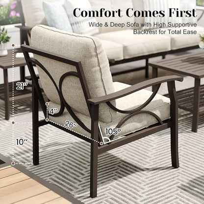 FansaFurn Outdoor Patio Furniture Set, 3 Pieces Metal Patio Conversation Set with Side Table for Porch Backyard Garden, Khaki