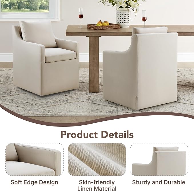 KISLOT Upholstered Dining Chairs Set of 4, Modern Dining Room Chairs with Casters & Washable Cover, Rolling Accent Chair with Hidden Storage for Kitchen, Farmhouse, Living Room, Flax Beige, 4 Box