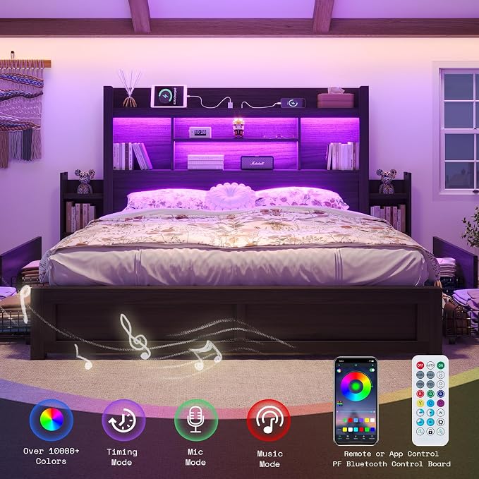 LUXOAK King Bed Frame with 49.6" Bookcase Headboard & 2 Bedside Stoage Racks & 4 Drawers, Farmhouse Wood Bed Frame with RGB LED & Charging Station, No Box Spring Needed, Black