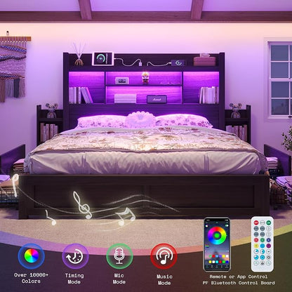 LUXOAK King Bed Frame with 49.6" Bookcase Headboard & 2 Bedside Stoage Racks & 4 Drawers, Farmhouse Wood Bed Frame with RGB LED & Charging Station, No Box Spring Needed, Black