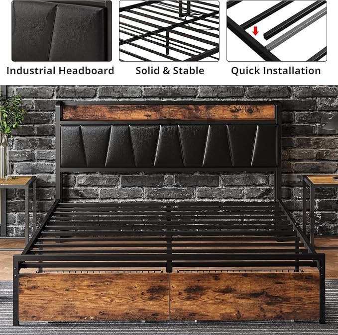 LIKIMIO Full Size Bed Frame with 2 Drawers and Charging Station | Platform Bed with Upholstered Storage Headboard, No Box Spring Needed, Easy Assembly, Sturdy, Industrial Brown and Black