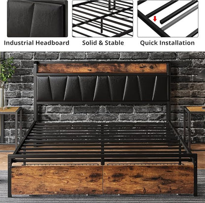 LIKIMIO Full Size Bed Frame with 2 Drawers and Charging Station | Platform Bed with Upholstered Storage Headboard, No Box Spring Needed, Easy Assembly, Sturdy, Industrial Brown and Black