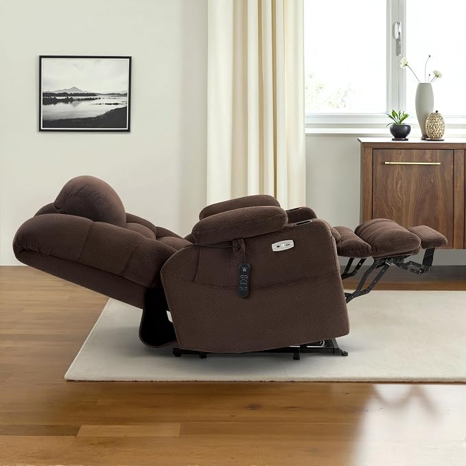 MCombo Big Man Power Lay Flat Lift Chair, Triple Motor Power Lift Recliner with Massage & Dual Heating, Adjustable Headrest, Fabric R7635 (Coffee, Large-Wide)