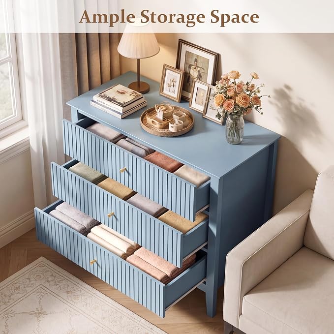 RoyalCraft 32" Large Nightstand, Fluted Painted Bedside Table with 3 Spacious Drawers, Modern Tall End Table for Bedroom, Light Blue