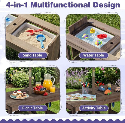 HONEY JOY Kids Picnic Table, 4 in 1 Fir Wood Toddler Sand & Water Table w/Removable Box & Umbrella, Waterproof Cover, Garden Tools, Children Outdoor Table and Bench Set with Cushions (Blue)