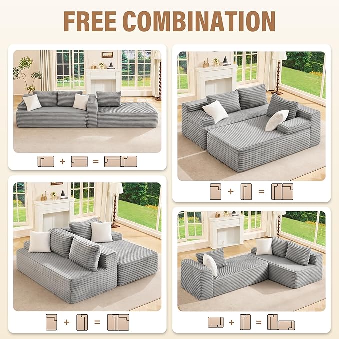Hobestluk Boneless Couch Modular Sectional Sofa L-Shape Cloud Couch Lounge | 96" Right Facing Chaise Pale Gray,Memory Foam,Removable Cover,Non-slip Bottom,No Assemble Required,Furniture for Small Home