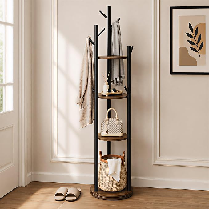 Espelism Rotary Coat Rack Freestanding Metal Coat Hall Tree Stand with 4 Tiers Storage Display Shelf and 9 Hooks for Entryway Bedroom Corner Office Garment Clothes Holder (Brown)