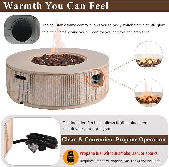 Merax 38.19'' MGO Propane Outdoor Fire Pit with Vertical Stripe Design, 50000 BTU Round Fire Pit Table with Steel Burner, Adjustable Flame Control, Lava Rocks & Rain Cover for Patio&Backyard, Brown