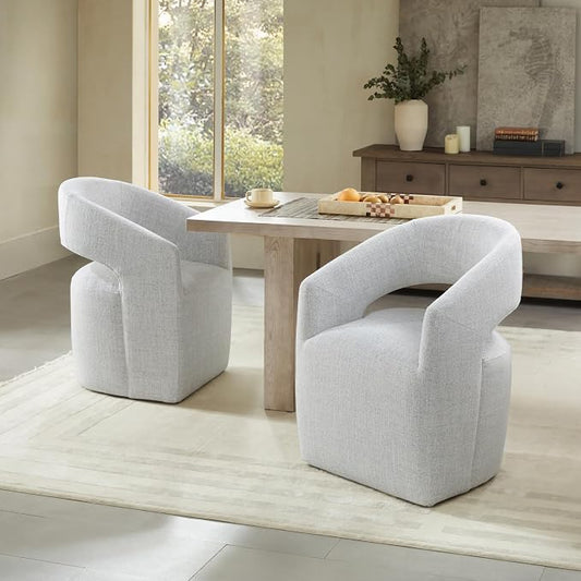 KISLOT Upholstered Dining Chairs with Casters, No Assembly Modern Barrel Armchair with Rollers for Dining Room, Bedroom, Living Room, Reading Room, Home Office, Set of 2, Light Grey