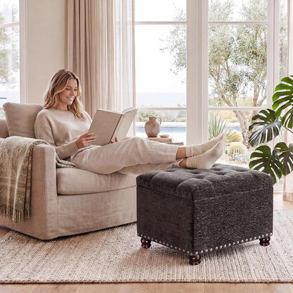 Joveco Storage Ottoman Bench, Rectangle 24" Velvet Foot Rest Stool Square Footstool for Living Room, Bedroom, Charcoal Grey