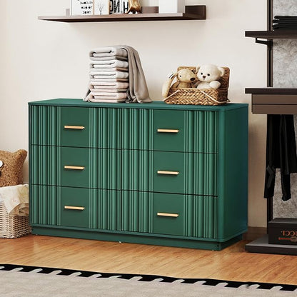 Fluted Double Dresser for Bedroom with 6 Drawers, 47" Wide Modern Chest of Drawers with Curved Profile Design, Wood Closet Clothes Storage Organizer Dresser TV Stand for Living Room, Hallway, Green