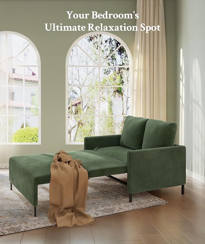 Welzona 47.2" Convertible Sofa Bed Couch, Comfy Corduroy Loveseat Sleeper Sofa, 620lbs Capacity Couch Bed, Easy Setup Love Seat Sleeper Bed 2 Pillows, Small Couches for Living Room/Office, Olive Green