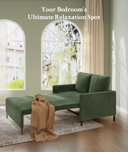 Welzona 47.2" Convertible Sofa Bed Couch, Comfy Corduroy Loveseat Sleeper Sofa, 620lbs Capacity Couch Bed, Easy Setup Love Seat Sleeper Bed 2 Pillows, Small Couches for Living Room/Office, Olive Green