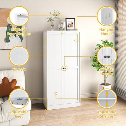 Metal Pantry Cabinet, Kitchen Pantry Storage Cabinets with 2 Door and 4 Adjustable Shelves, Utility Metal Storage Cabinet for Home, Living Room, Pantry (White)