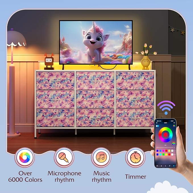 WLIVE Dresser TV Stand for 45, 50, 55 inch TV, Entertainment Center with LED Lights & Charging Station, Chest of Drawers with 9 Fabric Drawers for Living Room, Tie-dye Print (Pink, Purple, Blue)