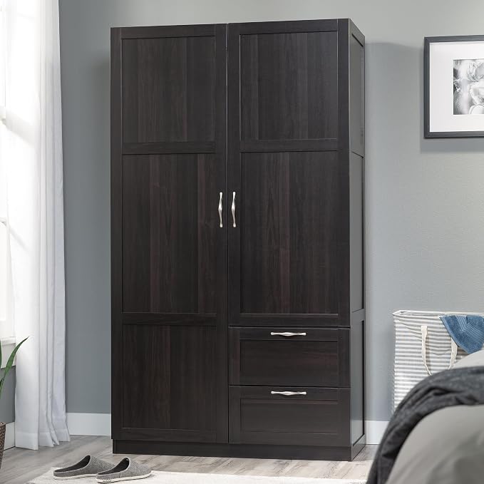 Sauder Select Multipurpose Bedroom Armoire Wardrobe Closet Pantry Storage Cabinet with Storage Drawers and Hanging Rail, in Cinnamon Cherry