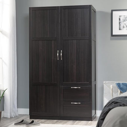 Sauder Select Multipurpose Bedroom Armoire Wardrobe Closet Pantry Storage Cabinet with Storage Drawers and Hanging Rail, in Cinnamon Cherry