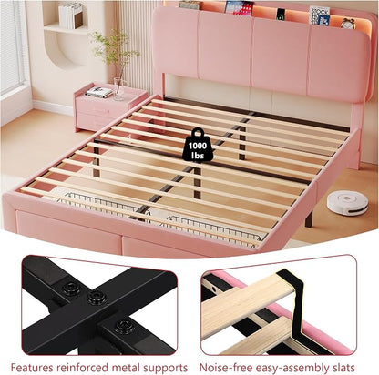 Feonase Queen Upholstered Bed Frame with Headboard and 2 Storage Drawers, Built-in Charging Station, Velvet Platform LED Bed with Solid Wood Slat Support, No Box Spring Needed, Pink