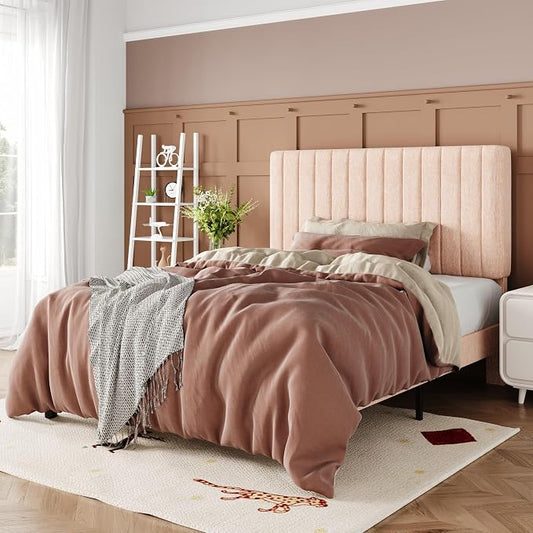 Allewie Twin Bed Frame, Upholstered Platform Bed with Adjustable Vertical Channel Tufted Headboard, Mattress Foundation with Strong Wooden Slats, Box Spring Optional, Easy Assembly, Chenille Pink