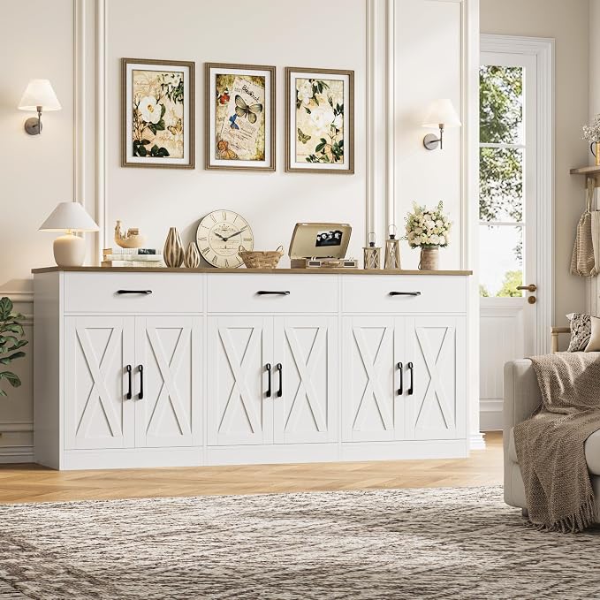 HOSTACK 71" Large Sideboard Buffet Cabinet with Storage, Farmhouse Coffee Bar Cabinet with 3 Drawers, Long Kitchen Buffet Table, Kitchen Sideboard Storage Cabinet for Dining Room, Living Room, White
