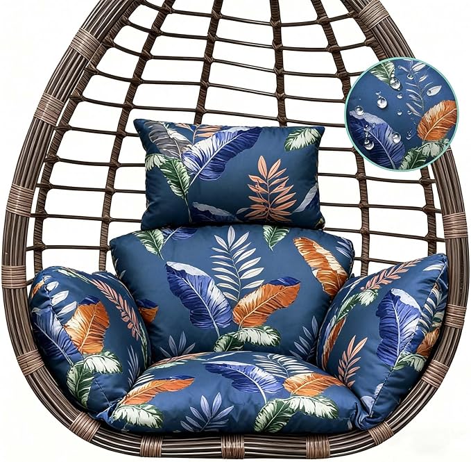 Outdoor Printed Hanging Chair Cushion Waterproof Patio Hanging Egg Chair Pad Garden Hanging Basket Chair Seat Cushion Replacement for Garden Patio Blue Leaf