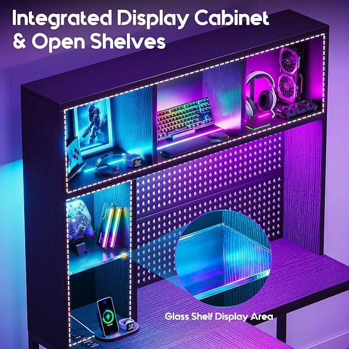 AODK 71" L Shaped Gaming Desk with Hutch, Pegboard & Shelves, L Shaped Desk with 4 Drawers, Integrated LED Light Strip & Power Outlets, Reversible PC Gaming Computer Desk, Black